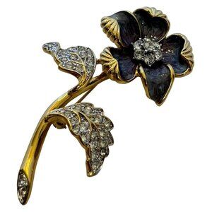 Nolan Miller Flower Brooch Pin Rhinestones Enamel Petals Gold-Tone 2.5 inches
